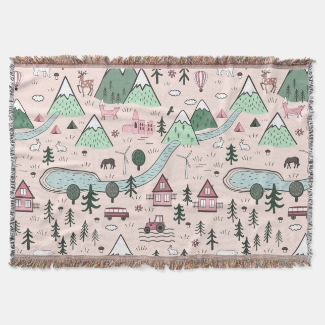 Scandinavian Farm Town Pattern Pink  Throw Blanket (Front)