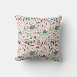 Scandinavian Farm Town Pattern Pink  Throw Pillow