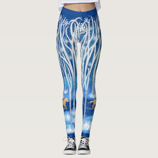 Scandinavian Fjord Winter Forest Dala Horse Leggings (Front)