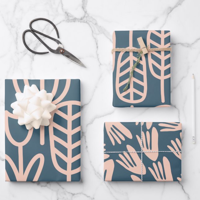 Scandinavian Floral Abstracts Steel Blue Blush Wrapping Paper Sheet (Front)
