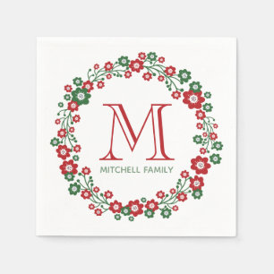 Scandinavian Floral Christmas Wreath Monogrammed Napkin