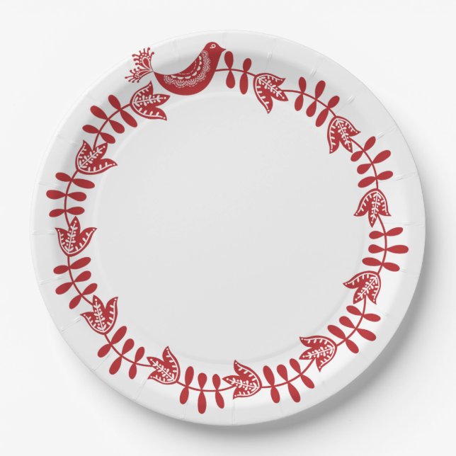 Scandinavian Floral Christmas Wreath Paper Plates (Front)