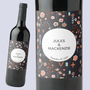 Scandinavian Floral Dark Boho Wedding Wine Label