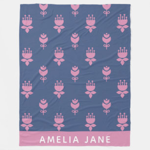 Scandinavian Floral Pattern Blue Pink Monogrammed Fleece Blanket