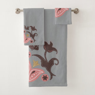 Scandinavian Floral Pattern Grey Pink Bath Towel Set