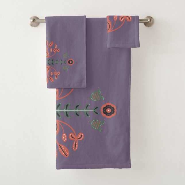  Scandinavian Floral Pattern Purple Pink Bath Towel Set (Insitu)