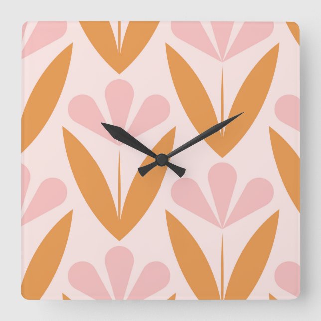 Scandinavian floral pattern,retro style,mid centur square wall clock (Front)