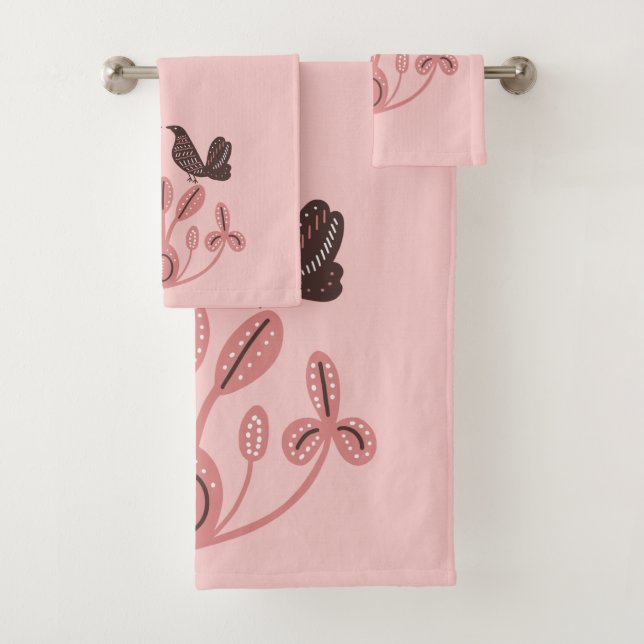 Scandinavian Floral PatternPink Brown Bath Towel Set (Insitu)