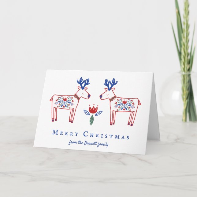 Scandinavian Floral Reindeer Merry Christmas Card (Front)