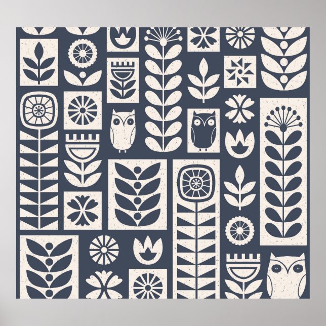 Scandinavian Floral: White, Blue, Minimalist. Poster (Front)