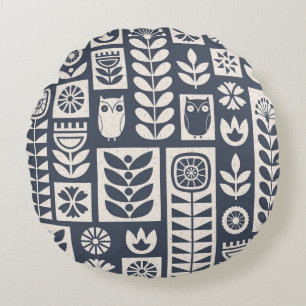 Scandinavian Floral: White, Blue, Minimalist. Round Pillow