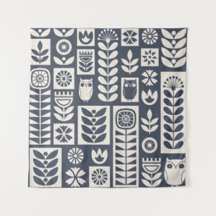 Scandinavian Floral: White, Blue, Minimalist. Tapestry