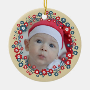 Scandinavian Floral Wreath Custom Photo Ceramic Ornament