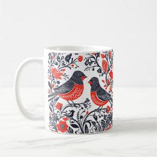 Scandinavian Folk Art Birds Lino Cut Design Coffee Mug