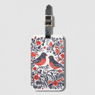 Scandinavian Folk Art Birds Lino Cut Design Luggage Tag