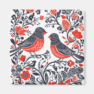 Scandinavian Folk Art Birds Lino Cut Design Magnet