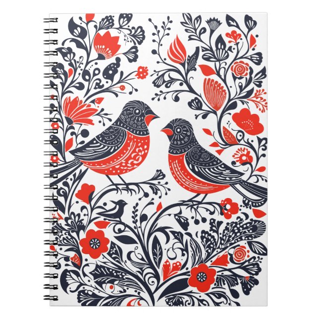 Scandinavian Folk Art Birds Lino Cut Design Notebook (Front)