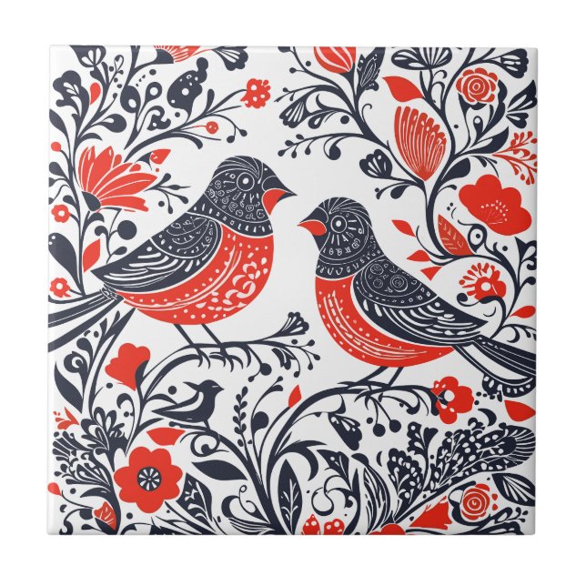 Scandinavian Folk Art Birds Lino Cut Design Tile (Front)