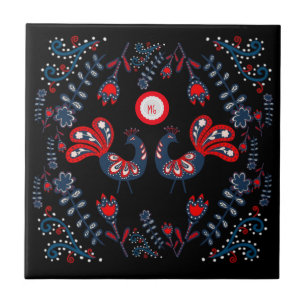 Scandinavian Folk Art Birds Monogrammed Tile