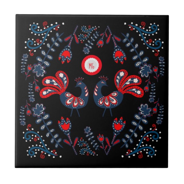 Scandinavian Folk Art Birds Monogrammed Tile (Front)