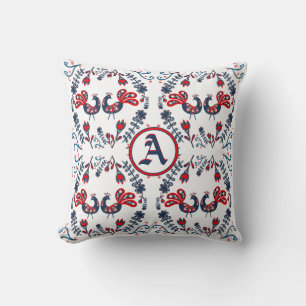 Scandinavian Folk Art Birds Red Blue MONOGRAMMED Throw Pillow