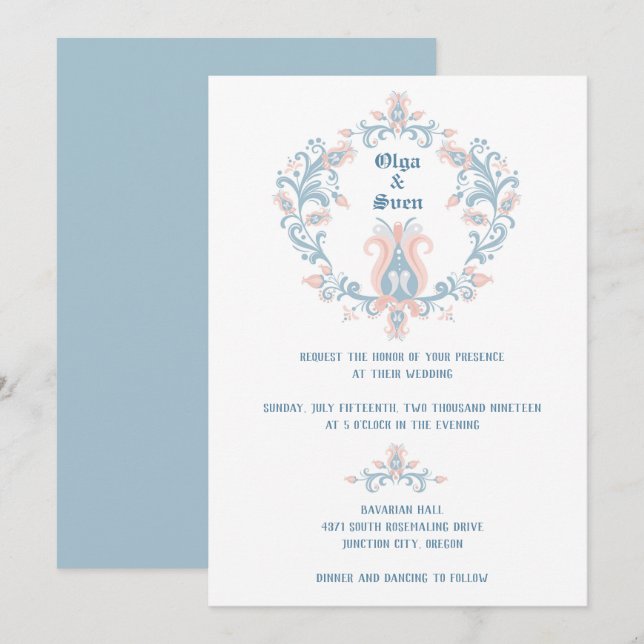 Scandinavian Folk Art Blush & Blue Wedding Invitat Invitation (Front/Back)