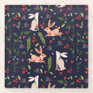 Scandinavian Folk Art Bunnies Glass Coaster