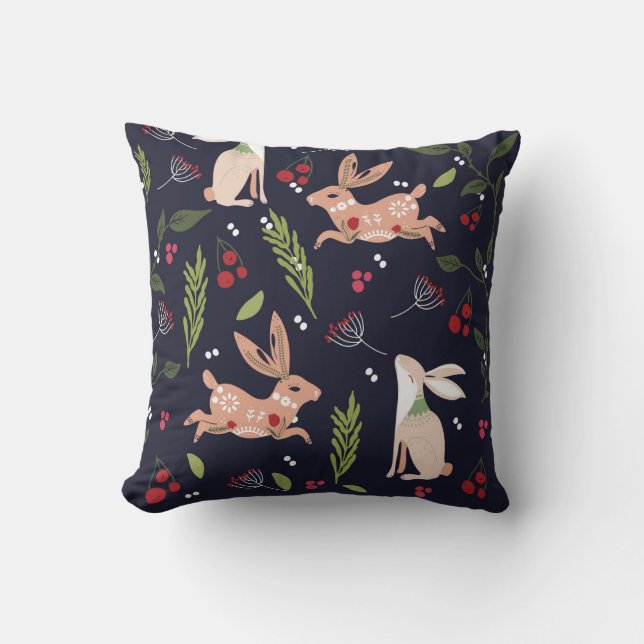Scandinavian Folk Art Bunny Print Throw Pillow (Front)