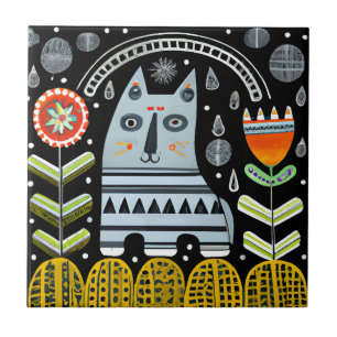 Scandinavian Folk Art Cat Garden Tile