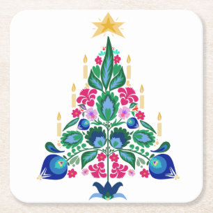 Scandinavian Folk Art Christmas Tree Air Freshner Square Paper Coaster
