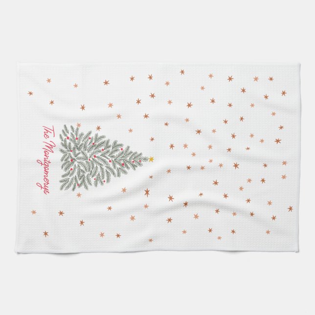 Scandinavian Folk-art Christmas Tree Custom Name Kitchen Towel (Horizontal)
