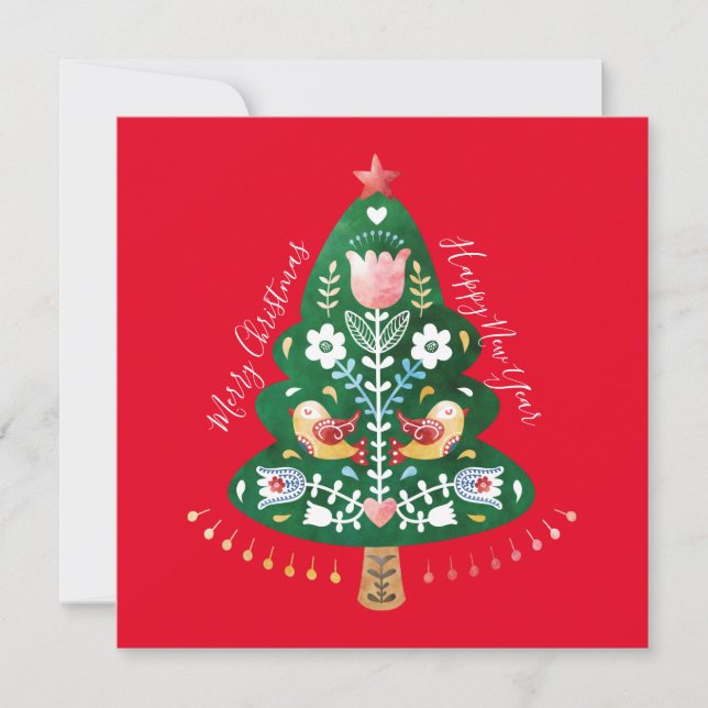 Scandinavian Folk Art Christmas Tree Flat Card (Front)