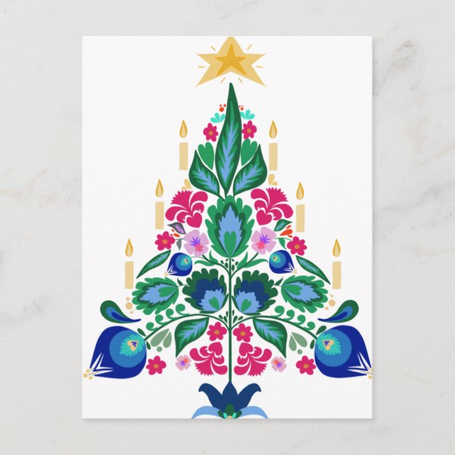 Scandinavian Folk Art Christmas Trees & Dala Horse Holiday Postcard (Front)