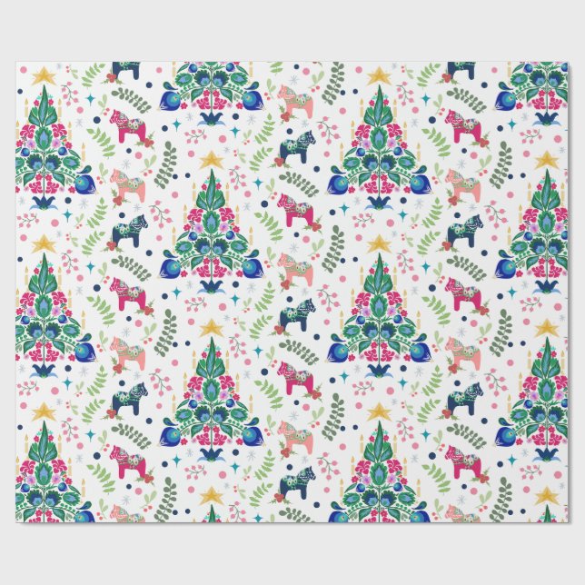 Scandinavian Folk Art Christmas Trees & Dala Horse Wrapping Paper (Flat)