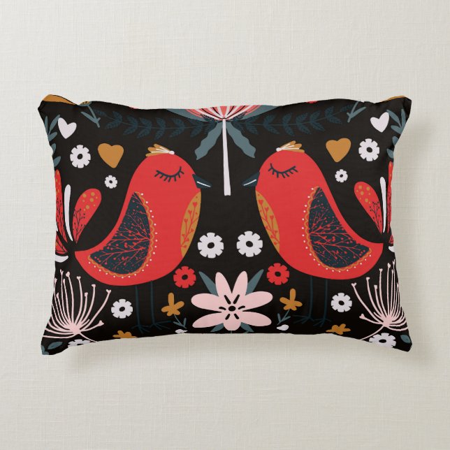 Scandinavian Folk Art: Colourful Birds. Accent Pillow (Front)