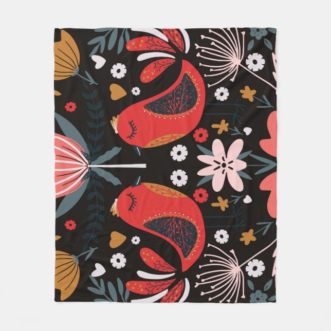 Scandinavian Folk Art: Colourful Birds. Fleece Blanket (Front)