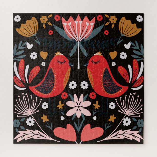 Scandinavian Folk Art: Colourful Birds. Jigsaw Puzzle (Vertical)