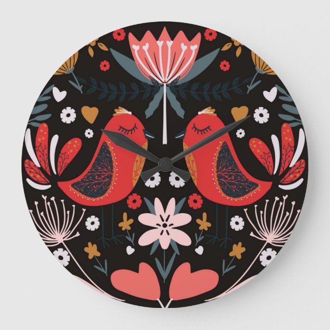 Scandinavian Folk Art: Colourful Birds. Large Clock (Front)