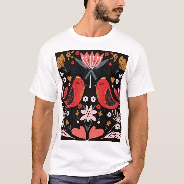 Scandinavian Folk Art: Colourful Birds. T-Shirt (Front)