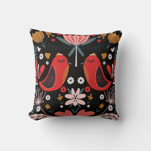 Scandinavian Folk Art: Colourful Birds. Throw Pillow