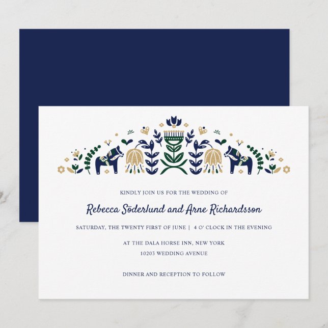 Scandinavian Folk Art Dala Horse CUSTOM blue V3 Invitation (Front/Back)