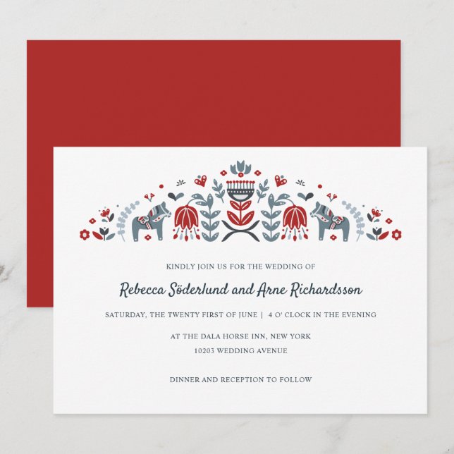 Scandinavian Folk Art Dala Horse Flower Wedding Invitation (Front/Back)