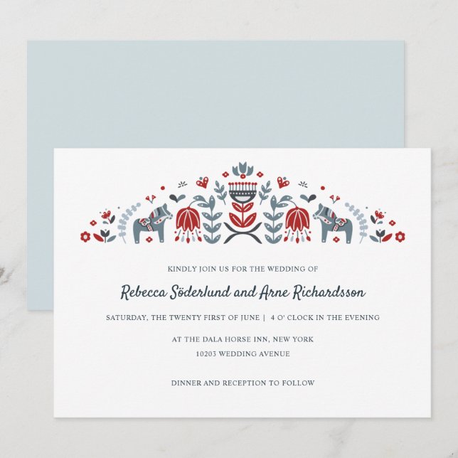 Scandinavian Folk Art Dala Horse Flower Wedding Invitation (Front/Back)