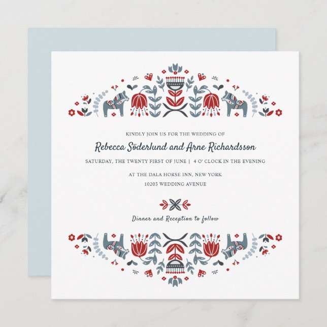 Scandinavian Folk Art Dala Horse Flower Wedding Invitation (Front/Back)