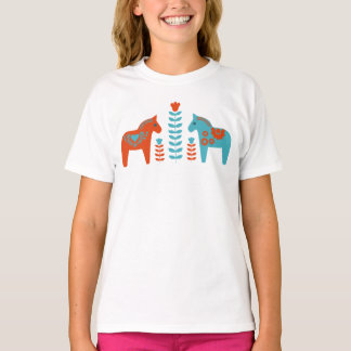 Scandinavian Folk Art Dala Horses and Flowers T-Shirt