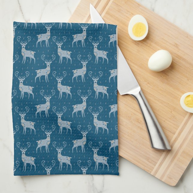 Scandinavian Folk Art Deer on Blue  Kitchen Towel (Quarter Fold)