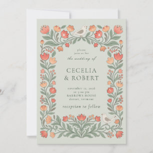 Scandinavian Folk Art Floral Frame with Birds and Invitation