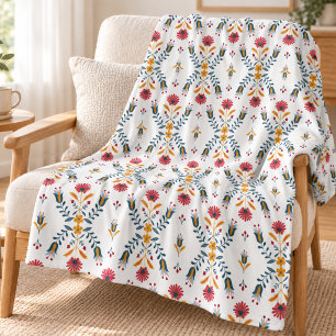 Scandinavian Folk Art Floral Pattern Fleece Blanket