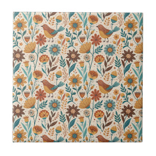 Scandinavian Folk Art Flower & Bird Floral Design Tile