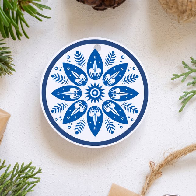 Scandinavian Folk Art Flower Leaf Snowflake Ceramic Ornament (Scandinavian Folk Art Snowflake variation 1)